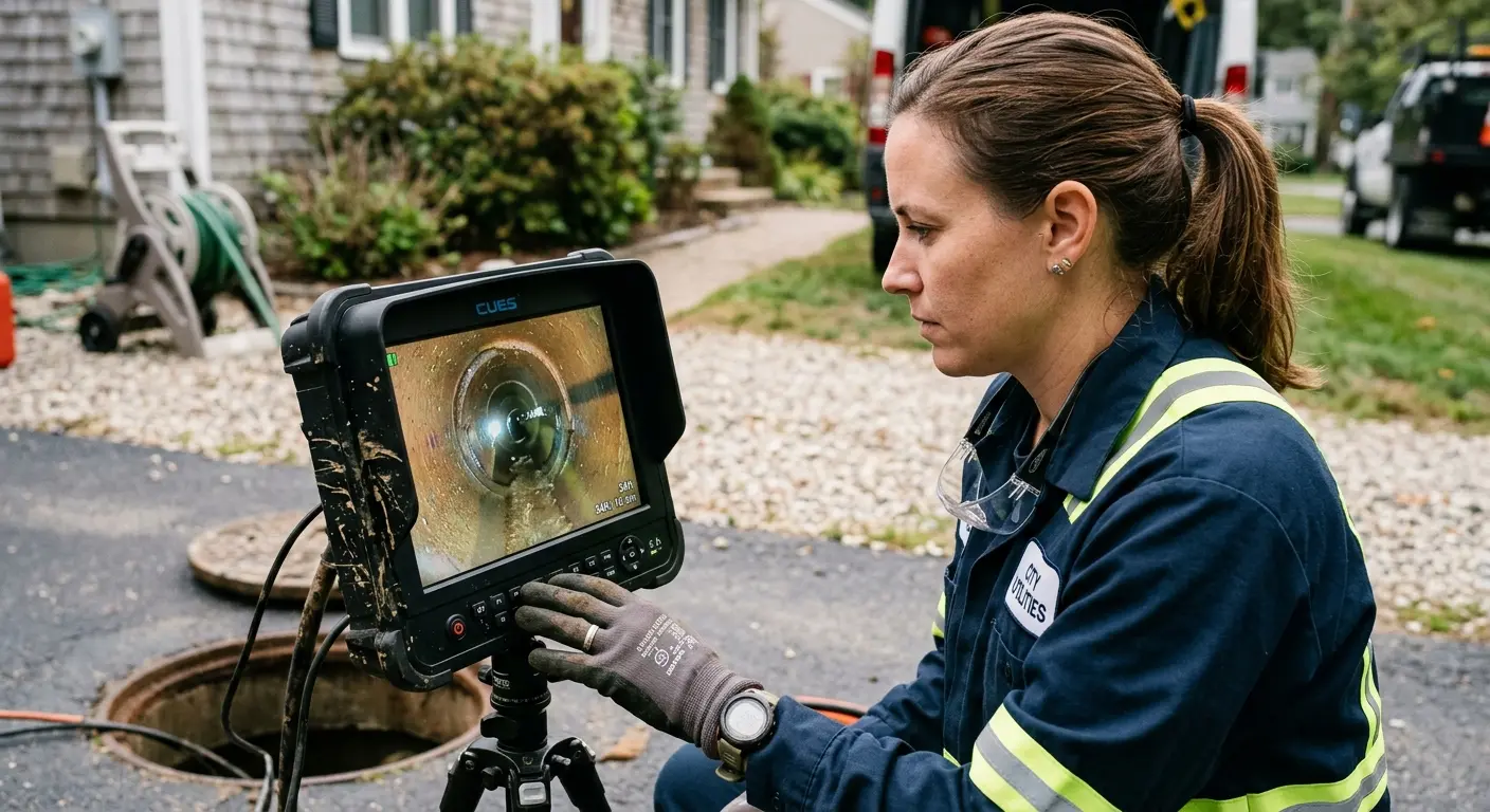 Technician reviewing sewer camera inspection footage in Traverse City