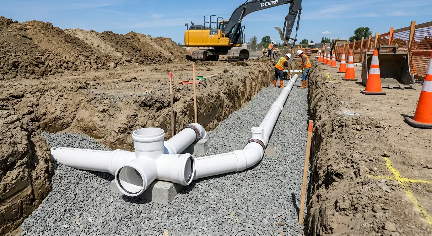 New PVC sewer pipe installation in open trench for Sewer Backup in Traverse City