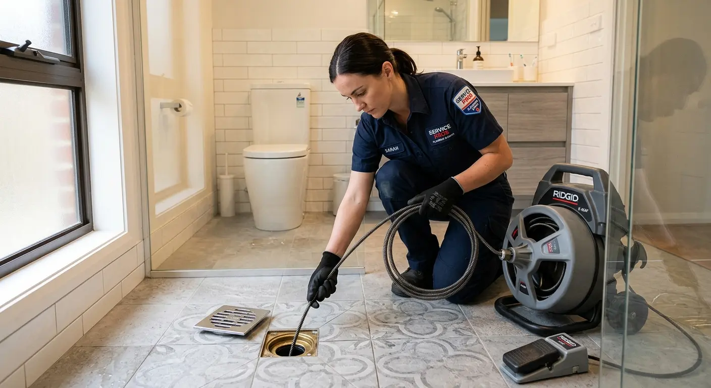 Technician clearing a bathroom floor drain for Sewer Line Replacement in Traverse City